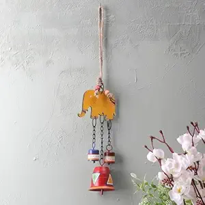 VarEesha Hand Painted Yellow Elephant 3 Metal Bells | Outdoor/indoor Hanging Bells | Wind Chime For Home Balcony | Decorative Hanging Elephant Wind Chime | For Garden Bedroom Decoration Item - 16 Inch