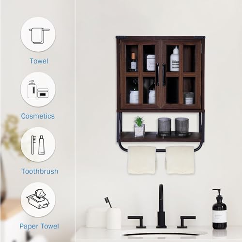 RUSTOWN Farmhouse Medicine Cabinet with Cross Glass Doors, Wood Wall Storage Cabinet, 3-Tier Rustic Bathroom Cabinet with Adjustable Shelves and Towel Bar for Living Room(Dark Walnut, Small)