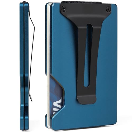 Image of Minimalist Carbon Fiber Wallet for Men, Money Clip Cash Strap Wallet, RFID Blocking Metal Wallet Aluminum Card Holder,Front Pocket Wallet(Matte Blue)