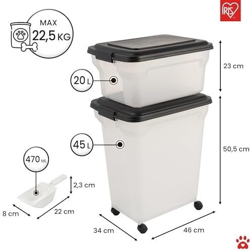 Iris Ohyama Hundefutter Aufbewahrung mit Rollen, 45L+20L, Schwarz, Luftdichte Futterbox, Trockenfutter, Futterbehälter, Für Hunde, Katzen, Tierfutterbehälter, Schaufel, BPA-frei, Futtertonne, ATS-C