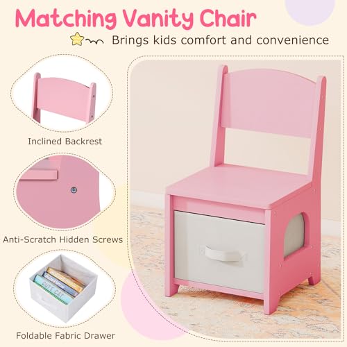 Image of Costzon Kids Vanity, Girls Vanity Set with Lighted Mirror, Bookshelf, Drawers, Hooks & Storage Shelves, Toddler Makeup Vanity Desk Dressing Table, Wooden Kids Vanity Table and Chair Set (Pink)