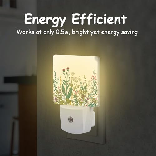 Image of Vintage Wildflower Herbs Plug Night Light,Botanical Floral Night Light Lamp Auto Sensor Energy Efficient Dusk to Dawn Lights for Girls Boys Women Room Decor,Hallway,Kitchen,Bathroom,Nursery,Stairs
