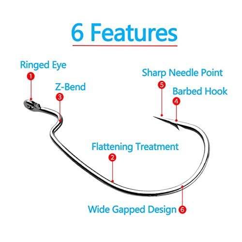 Afmivs Worm Hooks For Bass Fishing Hooks, 110Pcs/Box Bass Hooks, Fishing Hooks Freshwater, Offset Worm Hooks 6Sizes #1 1/0 2/0 3/0 4/0 5/0 High Carbon Steel With Portable Plastic Box Offset Worm Hook #TOP2
