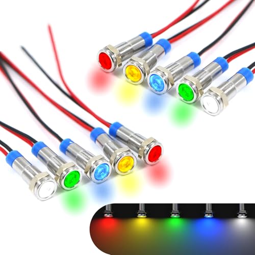 Ypoyney 10 PCS LED Indicator Light, 6mm 1/4'' 12V Metal LED Lights, Waterproof Flat Head Signal Light with Wire, Universal for Cars Trucks Boats (Muticolored)