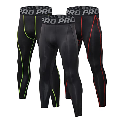 LANBAOSI - LANBAOSI Lot de 3 Leggings Compression Homme Thermique sous-Vêtement Caleçon Long Hiver Chaude Couche de Base Pantalon, Noir+Ligne Rouge+Ligne Verte, Taille L - -10%