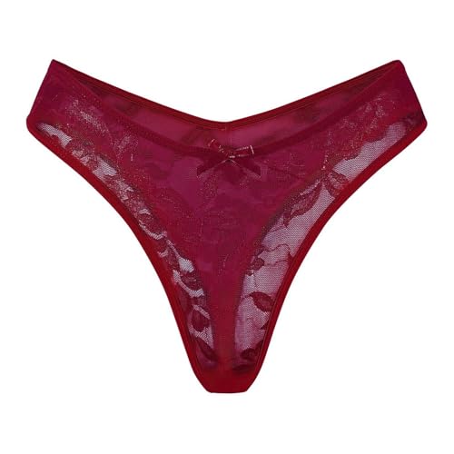 Lencería sexy de encaje para mujer, de corte bajo, de malla, con detalle de lazo, cómoda, transpirable, suave, Vino, XS