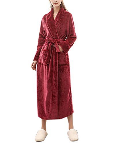 Cicilin Femme Homme Peignoir Velours Vêtements de Nuit Polaire Long Grande Taille Robe de Bain Flanelle Rouge Vineux F FR 54 (Asie 3XL)