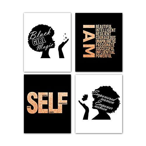 Modern Fashion Inspirational Quotes Black African American Woman Girl Art Painting Set of 4 (8âX10â Canvas Picture) Magic Black Girl Spa Bathroom Girls Bedroom Living Room Home Decor ï¼No Frame