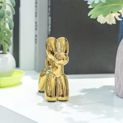 Notakia Goldene Ballonhund Keramik Skulptur Moderne Balloon Dog Deko Figur Keramik Luxus Wohnaccessoire für Wohnzimmer Büro Regal