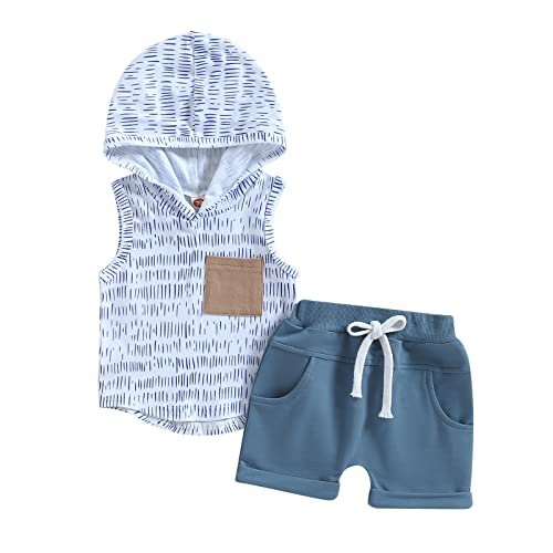Image of BemeyourBBs Toddler Baby Boy Summer Outfit Hooded Top with Pocket and Elastic Waist Shorts Set Infant Boy Clothes