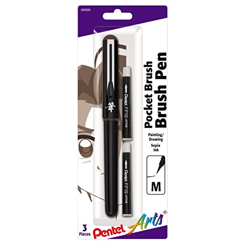 Pentel Arts Pocket Brush Pigment Ink Pen W/Refills - (1) Pocket Brush Pen, (2) Pigment Ink Refills - Sepia (Gfkp3Bpsp), Black #TOP15
