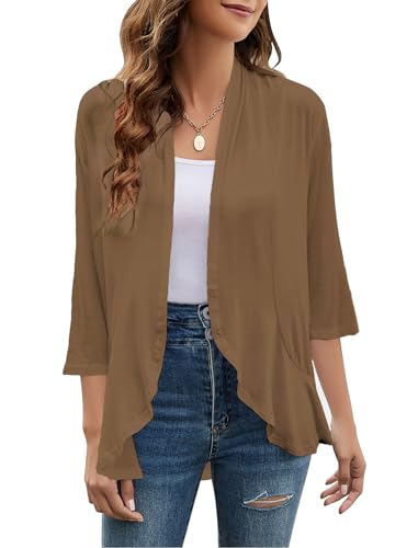 Image of Yekaty Women Cardigan 3 /4 Sleeves Open Front Lightweight Cardigan Draped Ruffles Knit Cardigan