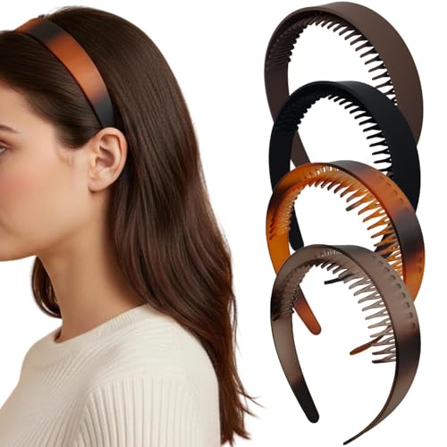 Hoojoot 4PCS Fashion Headbands Plastic Hair Head Band Comb with Teeth Headband with Teeth for Girls Non Slip womens Recycled Plastic Black&Brown headbands Gifts for Women and Teen Girls