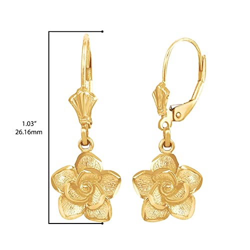 10K Yellow Gold 1 Long Carved Rose Flower Blossom Dangle Style Lever back Earrings3
