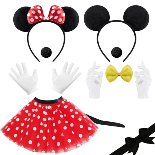 WYFDCZZP Damen Maus Mouse Kostüm, Karnevalskostüme für micky und minni mouse, Gepunkteter Tutu + 2 Haarreifen mit Maus Ohren + 2 Handschuhe +Schwanz + 2 Nase, Mouse Cosplay Set für Halloween Karneval