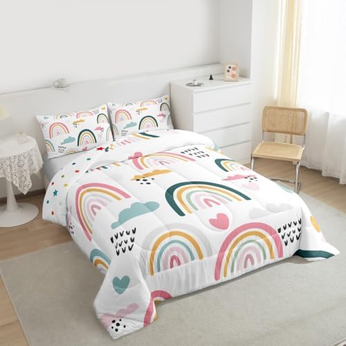 Erosebridal Rainbow Comforter Set Cartoon Rainbow Bedding Set Twin Size for Kids Girls Boys Nursery Toddler Hand Drawn Iridescent Print Comforter Colorful Clouds Love Heart Quilt Duvet 1 Pillow Case - 2
