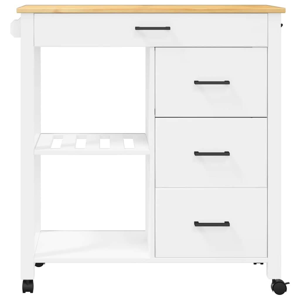 Wózek kuchenny Monza z litego drewna sosnowego, 84 x 40 x 88,5 cm, z 4 szufladami, półkami, haczykami i kółkami, do kuchni, jadalni, gospodarstwa domowego i miejsca do przechowywania