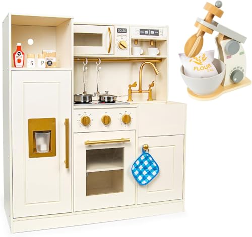 Leomark Cuisine Jouet en Bois Interactive avec lumière et Son, cuisinière + Micro-Ondes + évier 89 cm + Accessoires (Roma+Robot)