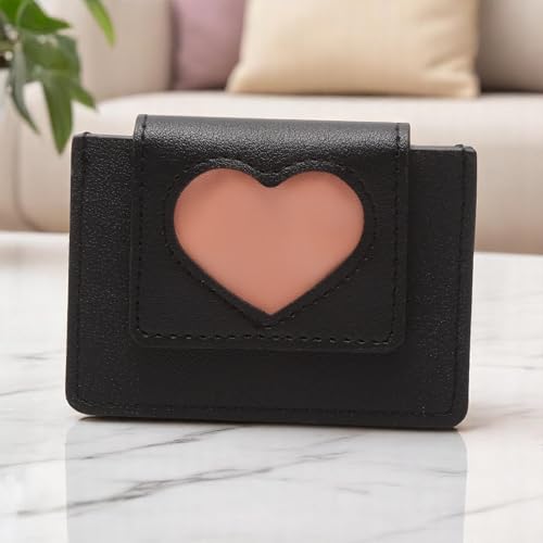 1Pcs Pouch for Money Short Heart Embossed Wallet PU Leather Black 9.8x7.5cm
