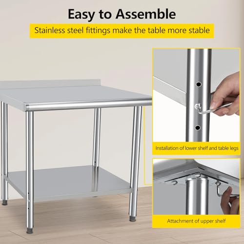 Image of 48x24x35inch Double Layer Stainless Steel Work Table No Caster Wheels with Backsplash