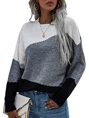 Image of ECOWISH Women Sweater Long Sleeve Color Block Knit Pullover Sweaters Crew Neck Patchwork Casual Loose Jumper Tops