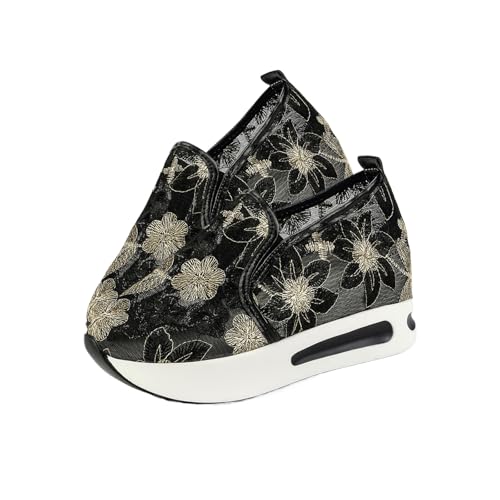 Breathable Mesh Floral Sneakers – Slip-On Platform Wedge Shoes with Arch Support for Walking & Work