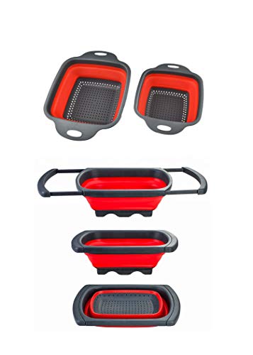Compact Collapsible Colander Silicone Strainer 3-piece Set 1 Large expanding handles Red