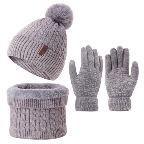 FENELY 3Pcs Winter Women Beanie Hat Scarf and Touch Screen Gloves Sets Girls Classic Knit Warm Chunky Fleece Lined Cable Cap, Light Grey, One size