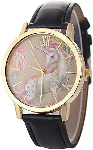 Artificial Leather Strap Simple Dial Quartz Watch Cartoon Colorful Unicorn Print for Teen Students