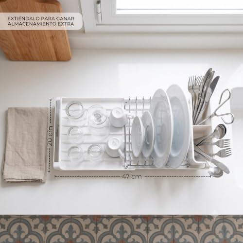 Miniatura 2 de Erreke Escurreplatos Plegable, Escurridor De Platos, Drena Al Fregadero, Rejilla De Acero Inoxidable, Escurre Platos Pequeño Compacto Encimera Cocina, Escurreplatos Sobre Fregadero, 28x20 Cm Blanco