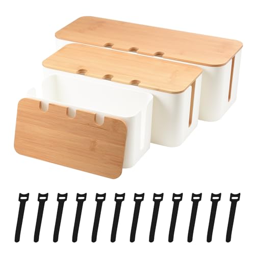 Holtrae 3 Lot de Bois Boite Rangement Cable et Chargeur avec Couvercle Cache Multiprise Organiser Les Câbles Cachez Les Multiprises et Les Cordons Les Prises pour Téléviseurs Ordinateurs et Bureaux
