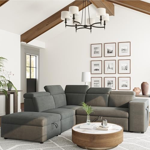 Valencia Finn Fabric Sectional Sofa Bed with Left Hand Storage | Adjustable Headrest, Hidden Storage Compartments,Ultimate Comfort, Cloudy Grey - 5