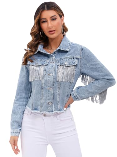 YILANUOYI Women Fringe Denim Jackets Casual Oversized...