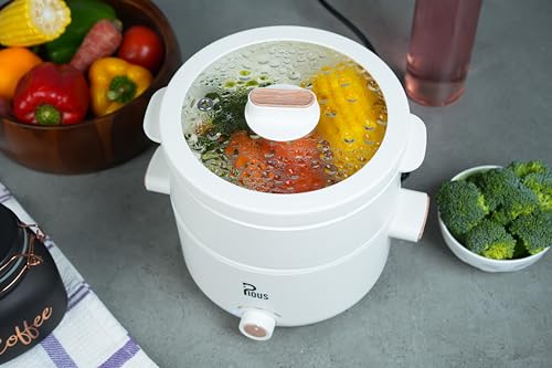 Image of PIOUS Multipurpose Small Electric Kettle with Ceramic Coating 2L | Multi Cooker Kettle Boil, Steam, Fry, Saute | Mini Multi Cook for Water, Soup, Coffee | Hostel, Travelling | Dual Power 200W & 700W (White) (BIS Certified)