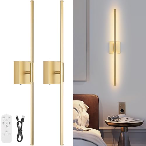 Image of Battery Operated Wall Sconce Set of Two with Remote Control, 3000K-6000K Dimmable Gold Wall Lights, Timable LED Wireless Wall Sconces, 350 Ratate for Bathroom, Living Room, Hallway 29.1 Inch