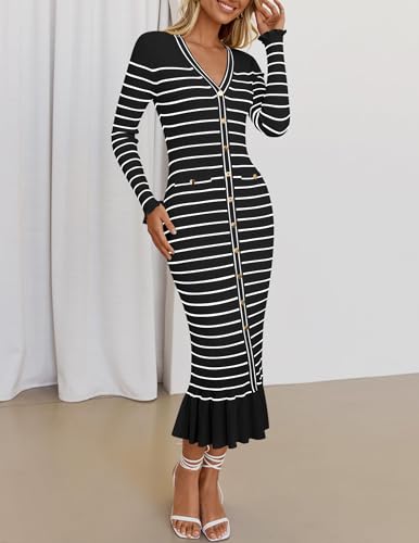 ZESICA Women's Striped Sweater Dress 2025 Spring Long Sleeve V Neck Button Elegant Slim Fit Bodycon Knit Dresses - Image 7