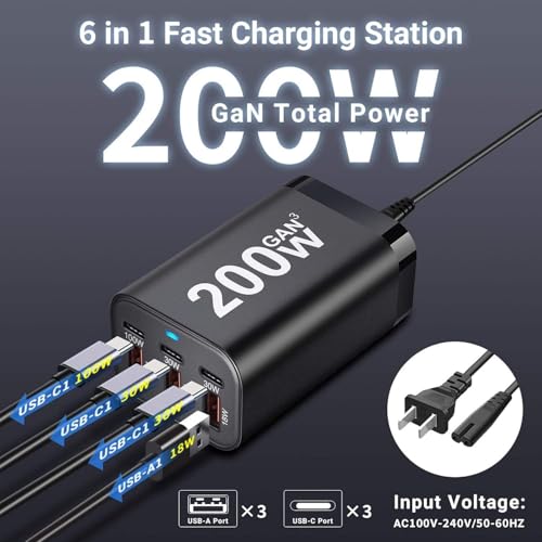 Image of CUBONIC 200W GaN Charging Station, 6-Port Desktop Charger with 3 USB-C & 3 USB-A Ports, Multi Device Charging Hub for Laptops, Smartphones, Tablets, Wearables & USB Powered Electronics