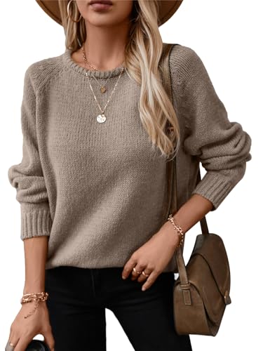 Image of Women Casual Long Sleeve Fall Sweaters Crew Neck Solid Color Soft Ribbed Knitted Curling Pullover
