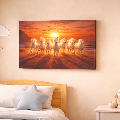 Image of Rousrie Big Size 7 Horses Vastu Frame Wall Art Painting, White Running Horses on Water, Rising Sun Wall Decor, Multicolor (50 cm x 75 cm)