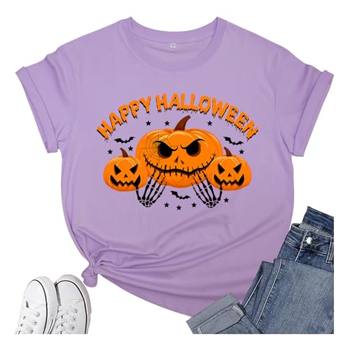 Women's Halloween Shirt:Pumpkin Art Patterns Crewneck Short Sleeve Halloween Party T-Shirt