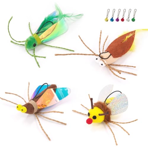 SONGWAY Cat Toy Wand Refill Bugs - 4 Pieces Cat Bug Toys Replacement, Teaser Wand Toy Attachments, Interactive Insect Feather Toys for Cats Kittens