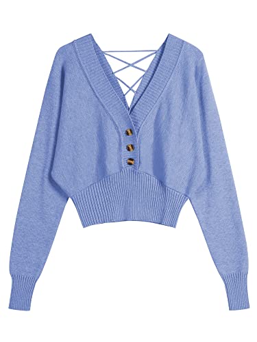 Image of ZAFUL Women V Neck Button Knit Crop Sweaters Batwing Sleeve V Back Ribbed Hem Pullover Sweater