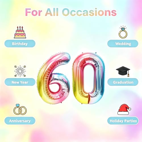 Image of Rainbow Number Balloons Birthday Balloons - Giant Number 60 Balloon 40 inch, Numbers Balloon Birthday Decorations, Rainbow Party Supplies for Baby Shower