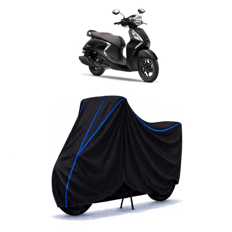 Image of Scooty Cover Water Resistant for Fascino 125 Drum | Universal Scooter & Bike Cover | Heavy Duty UV Dust, Rain & Scratch Protection | Elastic Fit All Weather Indoor Outdoor | Black with Blue Piping