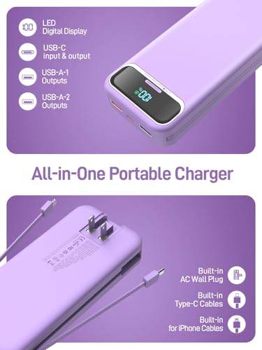 Image of Nusyddy Portable Charger 20000mAh 22.5W w /Built-in Cables & Wall Plug Purp. | 22.5W Fast Charging, High Capacity, LED Display, Charge 5 Devices at once, TSA Approved, Compatible with iPhone /iPad /Samsung