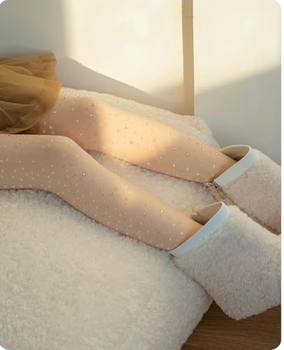 LUCKELF Girls Glitter Tights, Soft Opaque Tights Sparkle Rhinestone Tights School Dress Dance Stockings (US, Age, 6 Years, 8 Years, Skin)