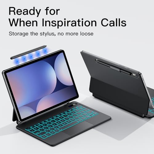 Image of JUQITECH Magic Keyboard Case for Samsung Galaxy Tab S10+ /S9+ /S9 FE+ /S8+ /S7+ /S7 FE 12.4 inch, Floating Cantilever Magnetic Stand, Backlit Wireless Trackpad Keyboard, S Pen Holder, Battery LED Display