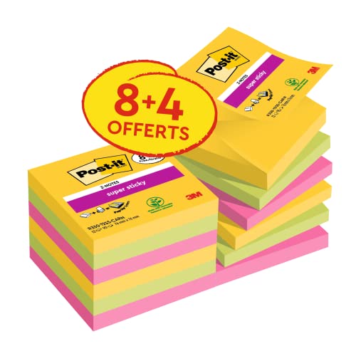 Post-it Z-Notes Autocollantes Super Sticky, Pack Promo de 8 Blocs + 4 GRATUITS, 90 Feuilles par Bloc, 76 mm x 76 mm - Feuillets Super Adhésifs pour Prise de...