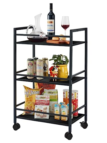 Image of WINSTAR Metal Rolling Trolley with Lockable Wheels | Heavy Duty Multifunctional Metal Frame Cart | Ideal for Home, Kitchen, Bathroom and Office Storage | (Black, 3-Tier Seller Shipped)