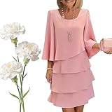Vestido Elegante de Mujer con Mangas de Volantes en Capas, Vestido Elegante y vaporoso de Gasa con Mangas 3/4, un Estilo Sencillo para Cualquier ocasión (Pink,XXL)